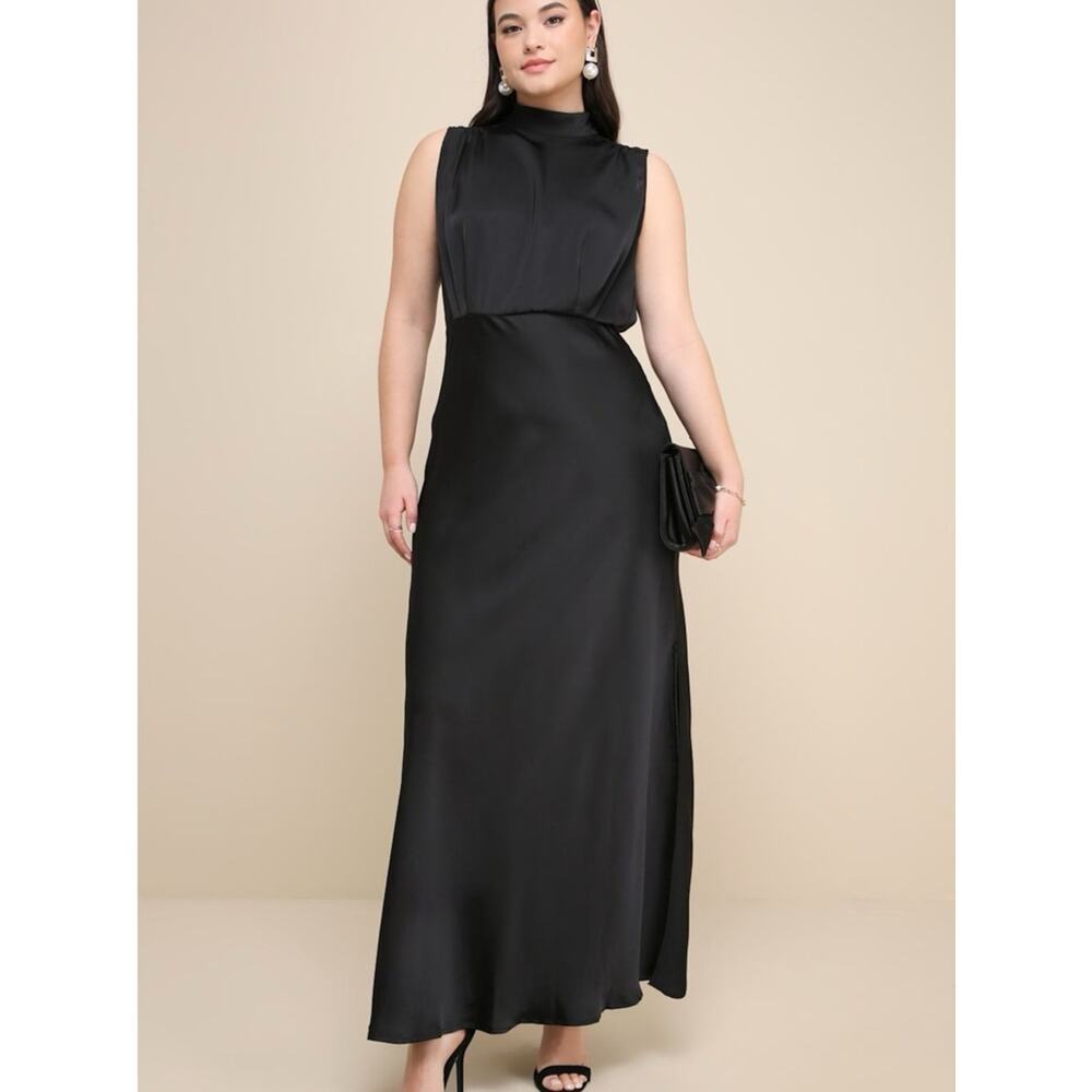 Lulu's Classic Elegance Black Satin Mock Neck Maxi Dress with Side Slits Size M - Picture 4 of 8